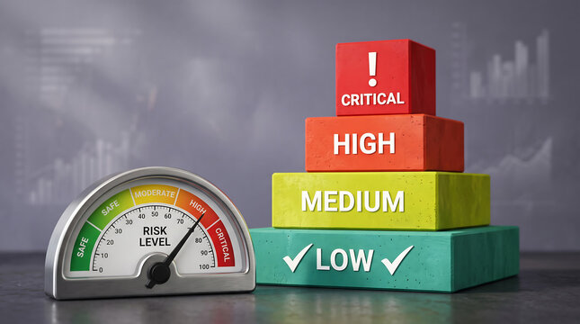 Risk assessment gauge showing critical high medium and low risk levels with blocks