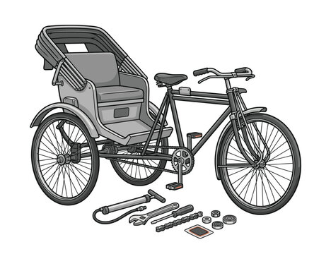 Classic cycle rickshaw with repair kit tools for bicycle maintenance and vehicle service.