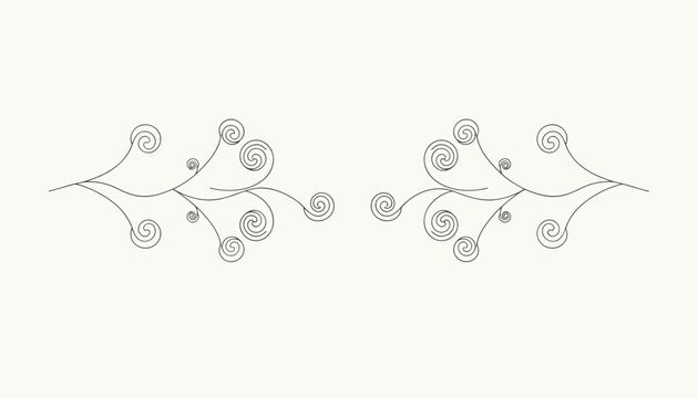 Minimalist hand drawn horizontal divider featuring elegant black line art of whimsical spiral curls and delicate twigs.