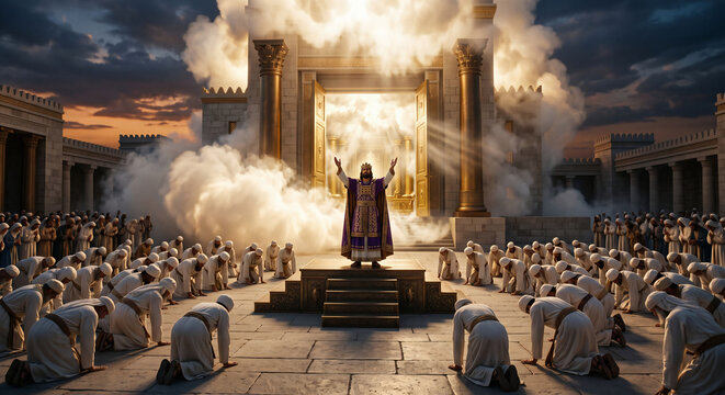 Solomon's Dedication of the Temple in Jerusalem, King Solomon Praying Before the People, 1 Kings Bible Story
