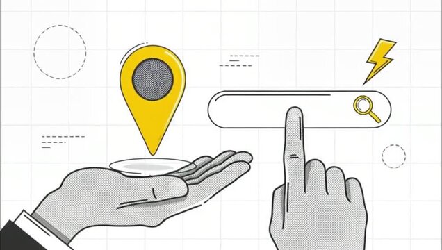 Hand holding a location pin icon with a search bar and lightning bolt symbol.