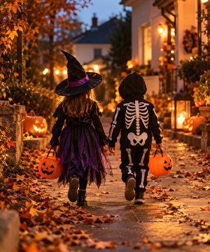 Two children in Halloween costumes walking away on a leaf-covered residential path at sunset, with pumpkins, autumn foliage and cozy decorated homes creating a warm seasonal family scene.