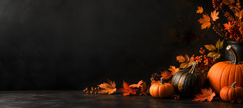 Luxury Halloween background with realistic pumpkins and autumn leaves on a dark charcoal backdrop, featuring elegant seasonal styling and generous copy space for advertising and promotions.