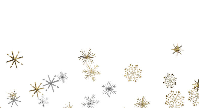 A beautiful display of shimmering gold and silver snowflakes against a deep black backdrop.