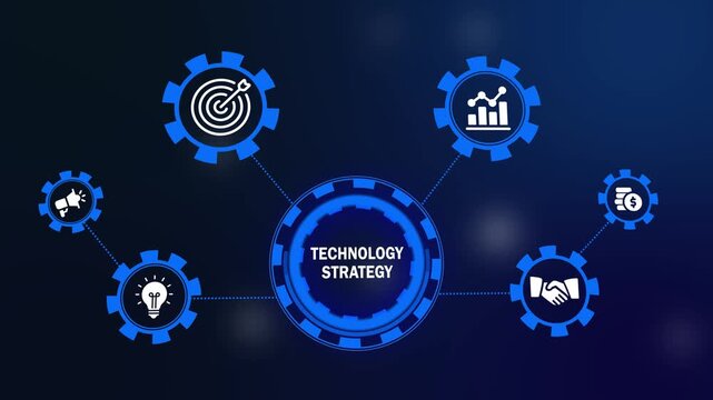 technology strategy business concept with interconnected gear icons. digital technology strategy infographic with corporate planning symbols. innovative technology strategy solution graphic with busin