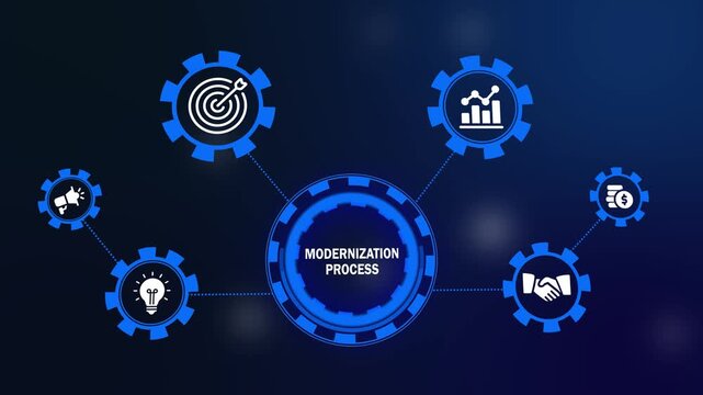 modernization process business concept with gear icons and digital network. professional modernization process diagram with animated connection nodes.