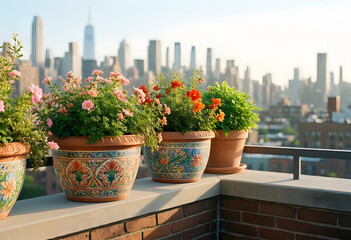 Fototapeta premium Urban gardening and city living, potted flowers on a balcony overlooking a metropolitan skyline at sunset for lifestyle and real estate concepts