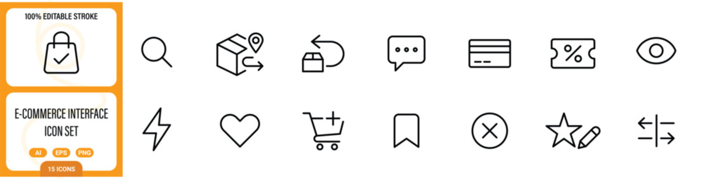 E-Commerce Interface Icon Set &ndash; Search, Cart, Delivery Box, Credit Card, Discount, Bookmark, Star Rating & Settings Editable Stroke Line Icons