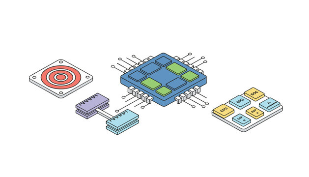 Isometric vector illustration of computer hardware components including CPU processor chip, circuit board, and target icon.