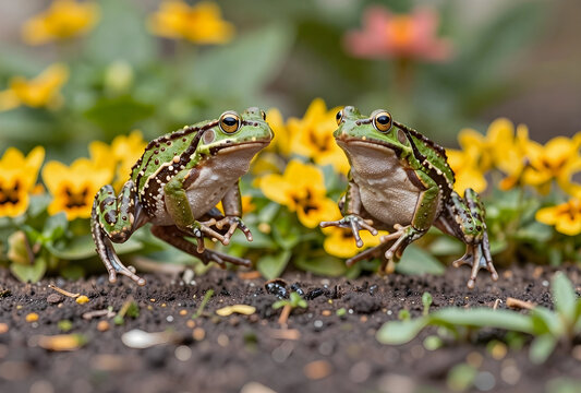 Biodiversity and ecosystem health, two green frogs sitting in a garden with yellow flowers nature conservation and wildlife habitat protection