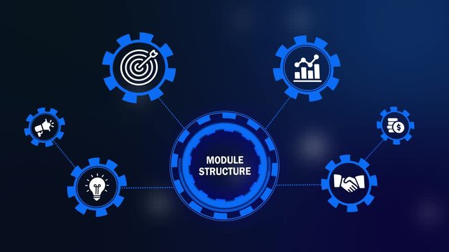 module structure infographic concept with business icons. business process optimization and strategy infographic motion graphic. abstract business communication and development infographic loop.