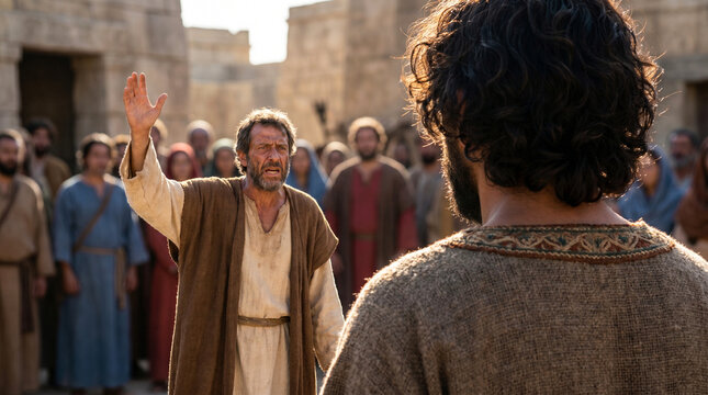 Jonah preaching in square of Nineveh, crowd reacting with shock and fear, biblical prophetic scene