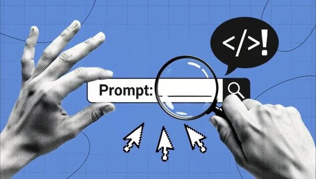 Human hands interacting with a digital search bar prompt and magnifying glass icon.