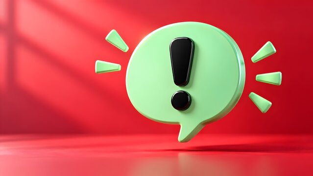 3D green speech bubble containing a black exclamation mark against a red background, representing an important notification, urgent message, alert, or attention-seeking communication.