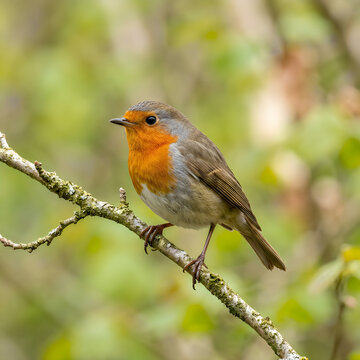 Small european robin bird perched on a tree branch