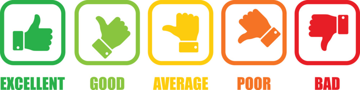 Rating thumb icon set with feedback levels from excellent to bad in green, yellow, and red colors for customer satisfaction and review concepts
