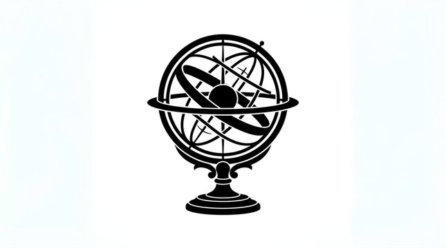 Black silhouette of a vintage armillary sphere on a white background, representing astronomy, navigation, and historical science equipment