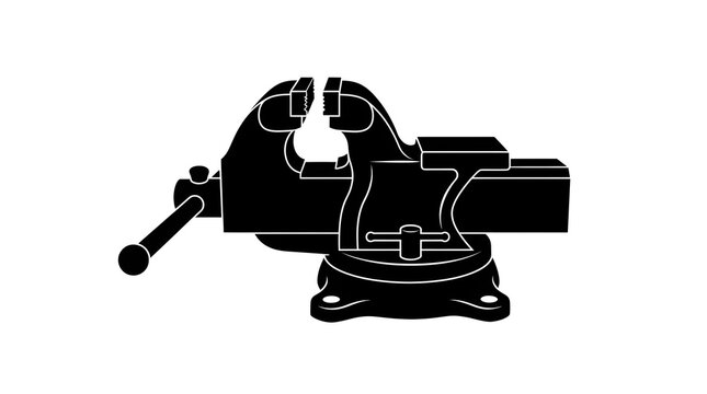 Black silhouette illustration of a heavy-duty bench vise tool, isolated on a white background, symbolizing repair, carpentry, and metalwork
