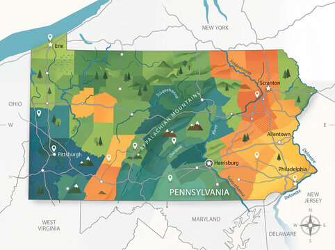 Pennsylvania Map &ndash; Carte de la Pennsylvanie, &Eacute;tat des &Eacute;tats-Unis en illustration vectorielle
