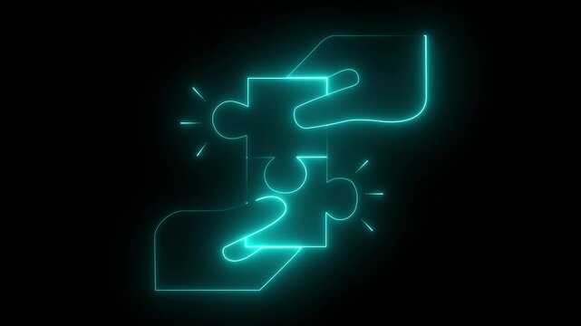 Neon line illustration of hands connecting jigsaw puzzle pieces, glowing on a dark background. This animated-style icon symbolizes teamwork on a transparent background. 4k animation motion video