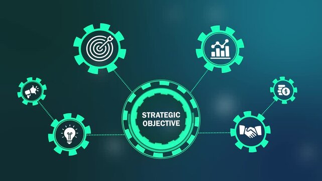 strategic objective business concept motion graphic with gear icons. business management concept hud animation with target and growth icons.