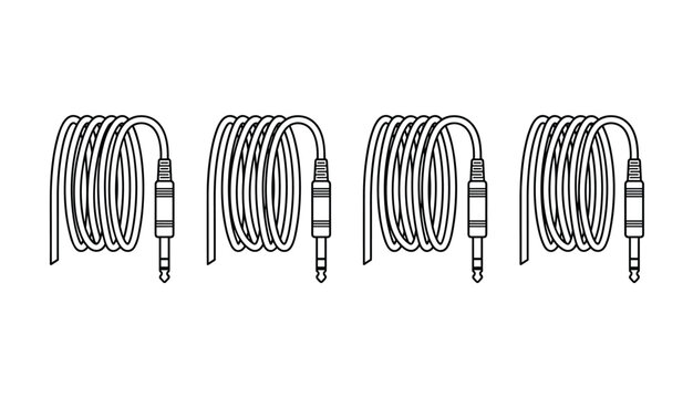 Coiled audio cable and jack plug line art set. Black outline vector illustration collection of coiled guitar instrument patch cord or headphone wire wireframe icons.