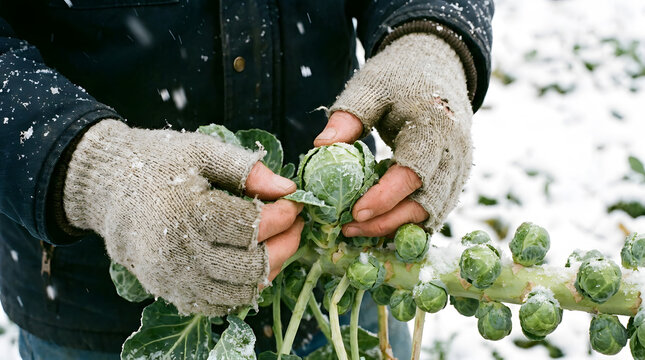 Farmer Inspecting Fresh Brussels Sprouts Covered in Snow | Winter Harvest of Brussels Sprouts in Snow Covered Field | Hand in Fingerless Gloves Harvesting Frozen Brussels Sprouts