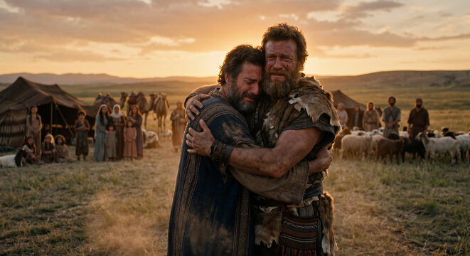 Jacob and Esau's Emotional Reunion and Embrace After Years Apart, Genesis Bible Story of Forgiveness and Reconciliation
