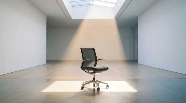 Empty modern office chair positioned under skylight in minimalist workspace awaiting creative collaboration or remote work setup.