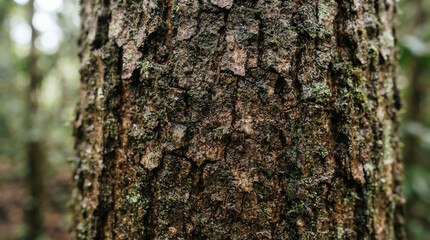 Fototapeta premium Close-up shot of rough tree bark texture in a lush green forest background