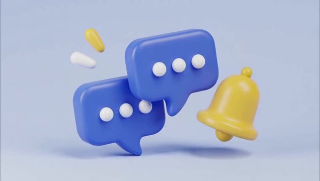 3D rendering of blue speech bubbles with a yellow notification bell icon for social media communication.