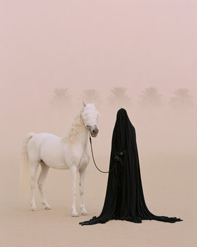 Mysterious modest Muslim woman stands beside majestic white Arabian horse in desert landscape. soft pink sky and palm trees create enchanting backdrop, evoking sense of wonder and elegance