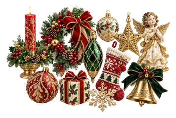 Obraz premium PNG Elegant Christmas ornaments, greenery, candles, angel, bells