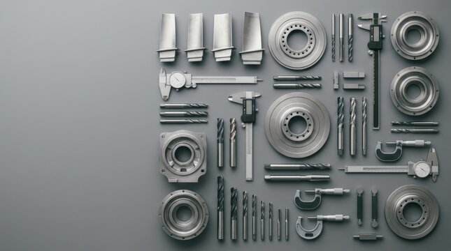 Turbine components and precision measuring tools arranged on gray surface