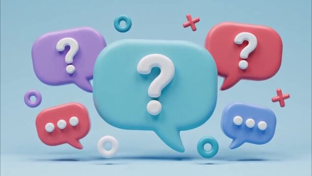 3D rendered speech bubbles with question marks on a soft blue background.