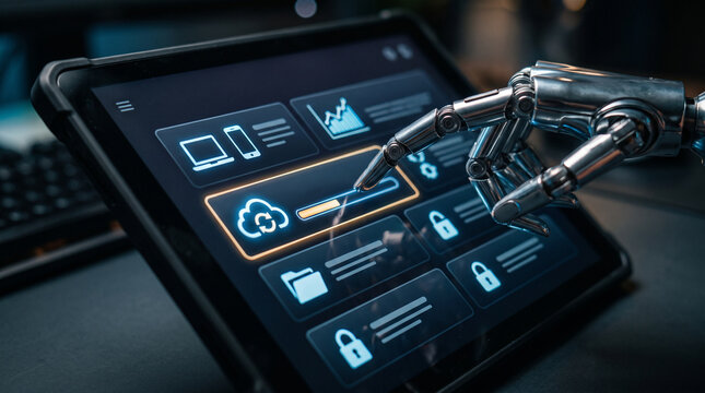 Robotic hand interacting with cloud storage loading bar on digital tablet interface screen