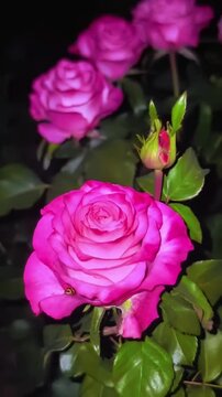 Beautiful pink roses blooming in a lush garden at night