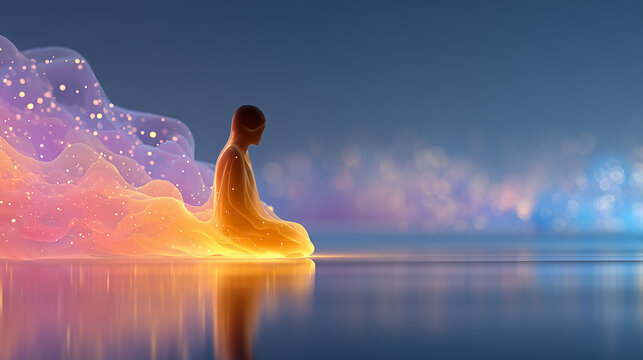 Abstract glowing silhouette of meditating person in glowing particles wave background for mindfulness and yoga concept
