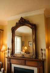 Obraz premium Interior design and luxury home decor, ornate gold vintage mirror on a wooden fireplace mantel in a warm living room with soft ambient lighting