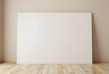 Fototapeta premium Interior design and home staging, blank canvas poster frame on wooden floor for art display and creative branding mockup in minimalist living room space