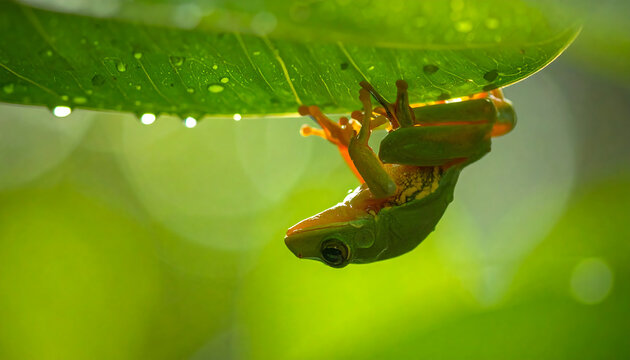 Tiny green tree frog with orange legs clinging upside down to a wet leaf in lush rainforest nature