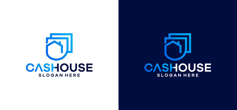 Modern house logo design for real estate investment and home buyers company featuring a shield and building symbol in blue and white