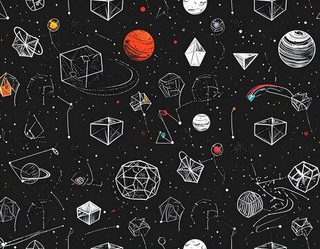 Seamless space pattern with geometric wireframe shapes and colorful planets on a black background. Chalkboard style astronomical illustration.
