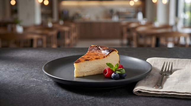 A delicious slice of burnt basque cheesecake served on a dark plate with fresh berries and mint leaf