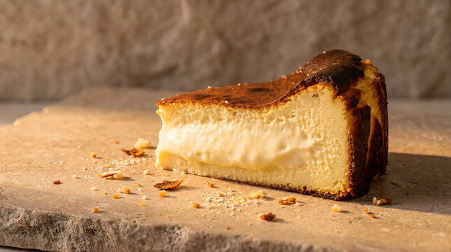 A slice of delicious creamy basuku chiizukeki or basque cheesecake on stone plate with burnt top and crumbs
