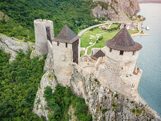 Fototapeta premium Aerial view of Golubac fortress, Serbia - centuries of defense and conquest written in stone at this Danube riverside stronghold