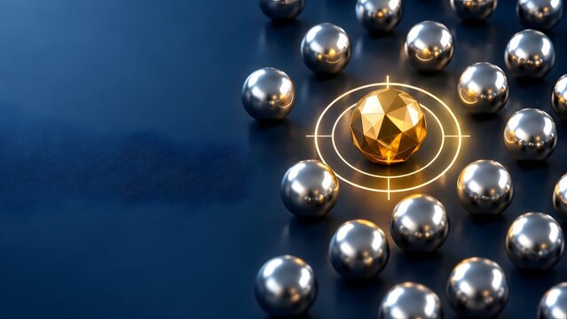 Golden Faceted Sphere In Glowing Target Crosshair Among Silver Spheres Representing Goal Achievement And Unique Precision
