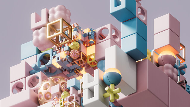 Abstract Pastel Geometric Structure with Gold Wireframe Cube