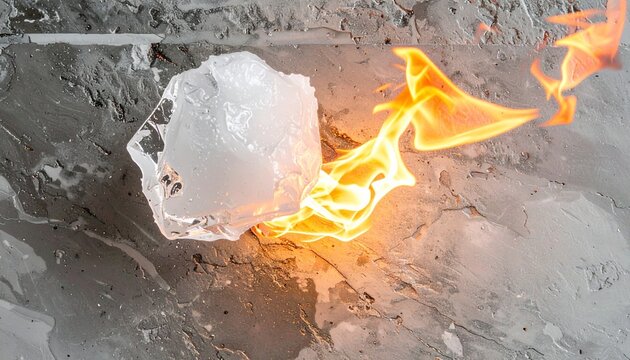 Ice Block Melting with Fire Flames on Cracked Stone opposites contrast concept