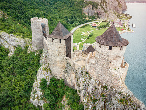 Aerial view of Golubac fortress, Serbia - centuries of defense and conquest written in stone at this Danube riverside stronghold